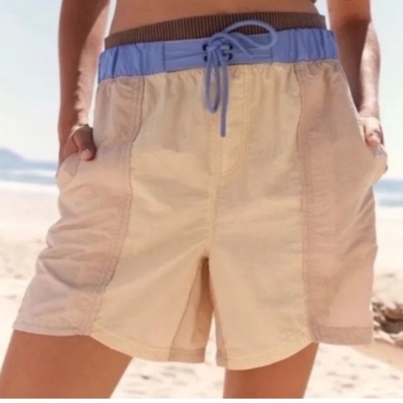 Free People Pants - Free People Movement Colorblock Shorts Blue Brown Tan Pockets Drawstring M
